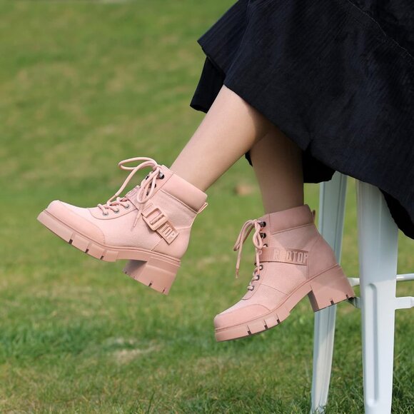 Women's Canvas PU Leather Combat Boots Rubber Sole Water Resistant Casual Shoes - Picture 6 of 6